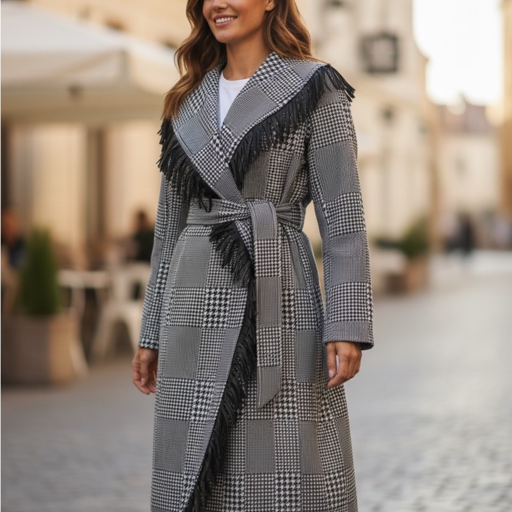 Houndstooth Microfiber Fringe Long Jacket - Picture 7 of 10